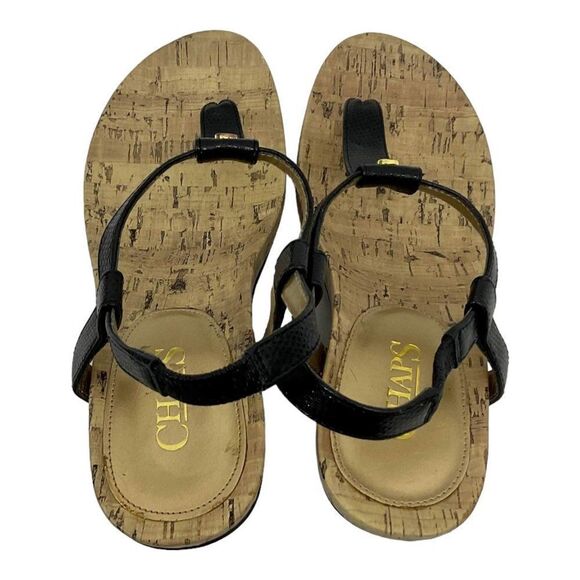 Chaps Raevyn Size 5.5 Black Thong Cork T-Strap Wedge Open Toe Slip On Sandals - Picture 5 of 8